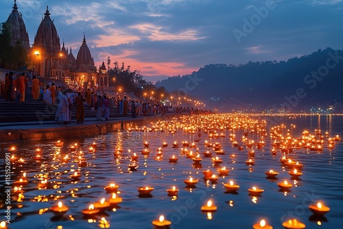 A panoramic view of the Ganges River in Varanasi, India, with thousands of oil lamps floating on its surface during the Diwali festival night. photo