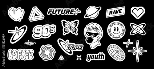 Perfect Y2K stickers pack of text quotes label collection (part 3). Aesthetic of retro futurism 2000s stickers with text. Black and white cyberpunk style elements