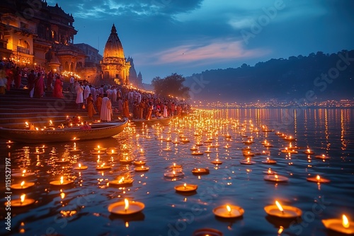 A panoramic view of the Ganges River in Varanasi, India, with thousands of oil lamps floating on its surface during the Diwali festival night. photo