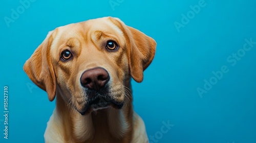 Labrador retriever dog looking directly at camera against solid blue background – clear and engaging pet portrait perfect for animal photography, dog lovers, and canine-themed projects photo