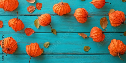 Physalis alkekengi flowers against a turquoise wooden backdrop. The vibrant orange Chinese lanterns create a stunning autumn decor element, beautifully displayed from a top view perspective.