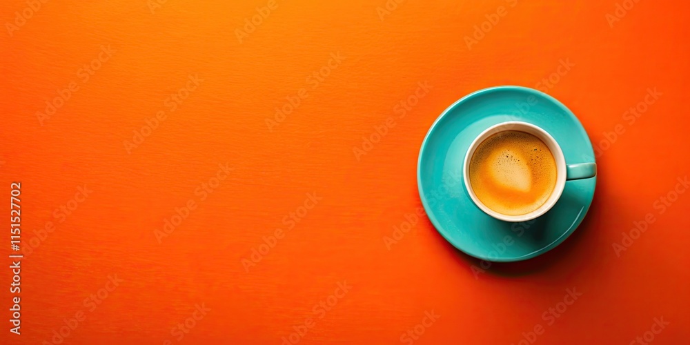 A single cup of espresso on a teal saucer rests on a vibrant orange background A single cup of espresso on a teal saucer rests on a vibrant orange background