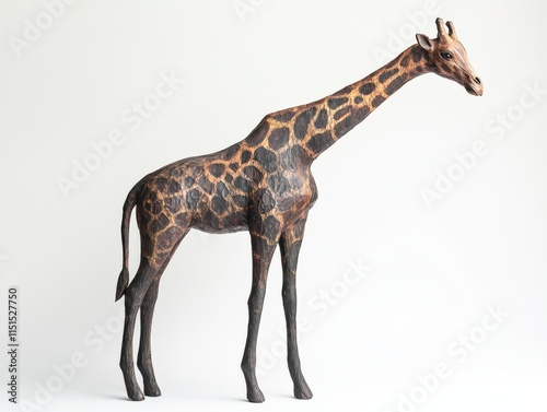 a wooden giraffe statue stands against a white background photo