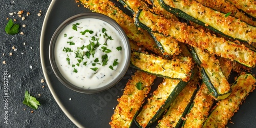 Crispy zucchini fries served with a flavorful garlic yogurt sauce create a delightful snack. Enjoy these crispy zucchini fries as a tasty treat, perfect for sharing. Top view with copy space. photo