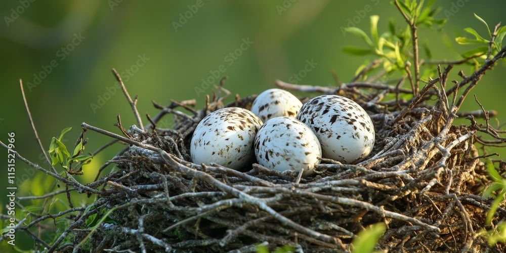 Obraz premium Osprey eggs are nestled in the nest, showcasing the delicate beauty of Osprey eggs in their natural habitat. Observing Osprey eggs provides insight into the life cycle of this magnificent bird.