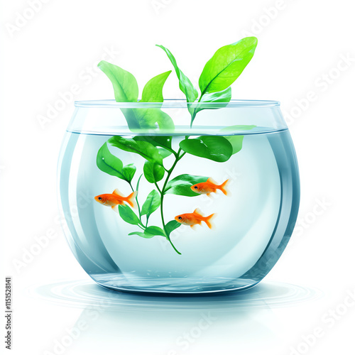 A vibrant fishbowl featuring goldfish and aquatic plants, on a white background. photo