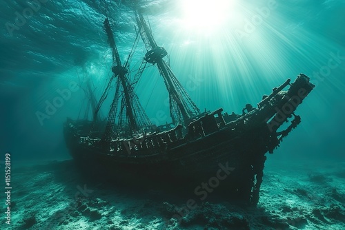  A sunken shipwreck with its masts and sails sticking out of the ocean floor
