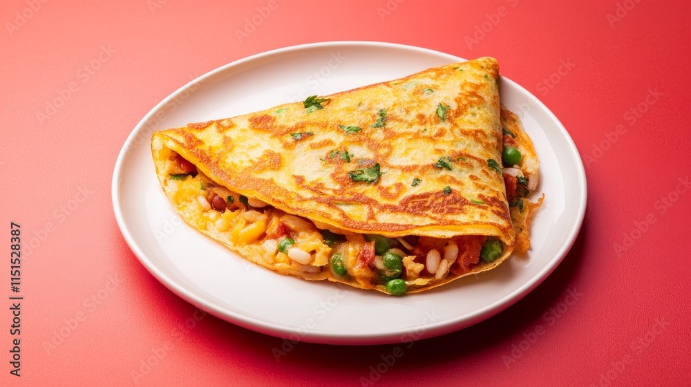 Mung bean rice crepe served on a white dish against a vibrant red background, showcasing the appealing texture and flavor of mung bean rice crepe in an artistic presentation. Mung bean rice crepe served on a white dish against a vibrant red background, showcasing the appealing texture and flavor of mung bean rice crepe in an artistic presentation.