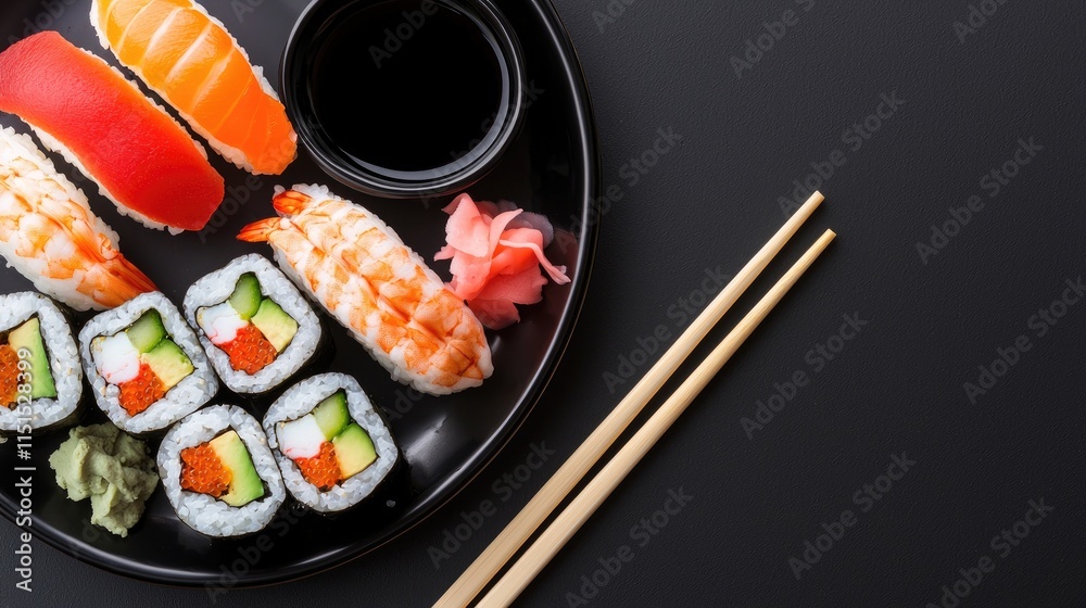 Fresh Sushi Assortment on Black Plate Fresh Sushi Assortment on Black Plate