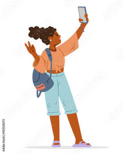 Teenage African American girl making selfie with smartphone flat vector illustration isolated on white.