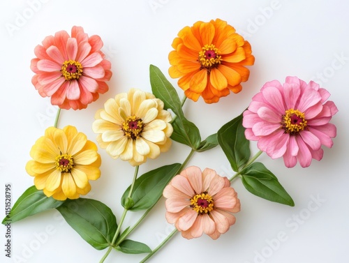 seven colorful zinnia flowers on a white background photo