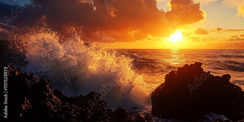 Sunset waves crashing against lava rock create a stunning view. The mesmerizing sunset and dynamic waves add to the beauty of lava rock, showcasing nature s power and elegance. photo