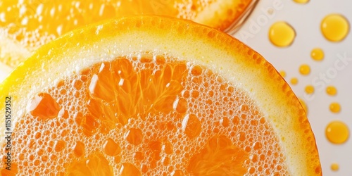 Fresh orange juice captured in a close up on a white background, showcasing the vibrant color and texture of fresh orange juice for an appealing visual experience.
