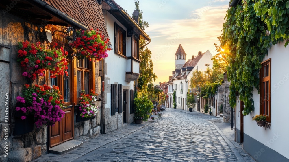 Fototapeta premium Charming cobblestone street with flower-adorned houses at sunset in a quaint village setting