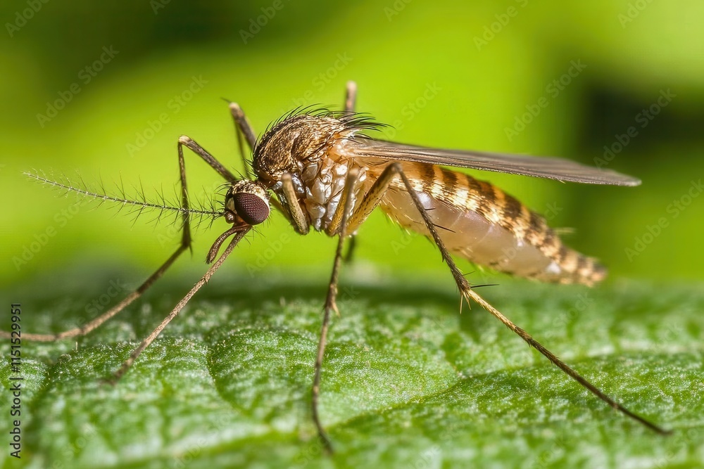 Detailed Close-Up of a Mosquito Resting on a Leaf Surrounded by Blurred Green Forest Background with Warm Natural Lighting Effect Enhancing Sharp Focus