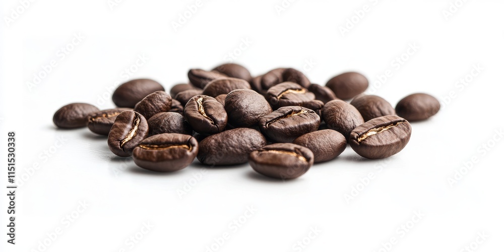 Isolated coffee beans displayed on a white background, showcasing the rich texture and color of coffee beans in a clean and simple presentation of coffee beans. Isolated coffee beans displayed on a white background, showcasing the rich texture and color of coffee beans in a clean and simple presentation of coffee beans.