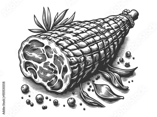 Spanish jamon cured ham surrounded by garlic, spices, and herbs, evoking rustic culinary charm sketch engraving generative ai vector illustration. Scratch board imitation. Black and white image.