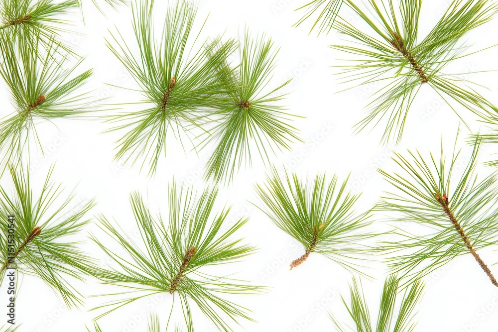 Detailed close-up of scattered pine needles with sharp outlines in a macro perspective, featuring captivating lighting against a seamless white background. Detailed close-up of scattered pine needles with sharp outlines in a macro perspective, featuring captivating lighting against a seamless white background.