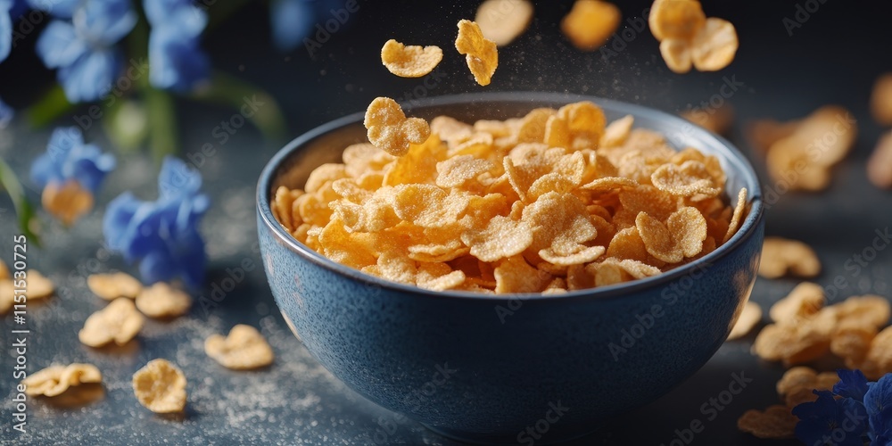 Close up top view of falling sugar cornflakes into a ceramic bowl. This light breakfast features scattered cornflakes on a table with blue flowers, showcasing healthy food and fast cooking. Close up top view of falling sugar cornflakes into a ceramic bowl. This light breakfast features scattered cornflakes on a table with blue flowers, showcasing healthy food and fast cooking.