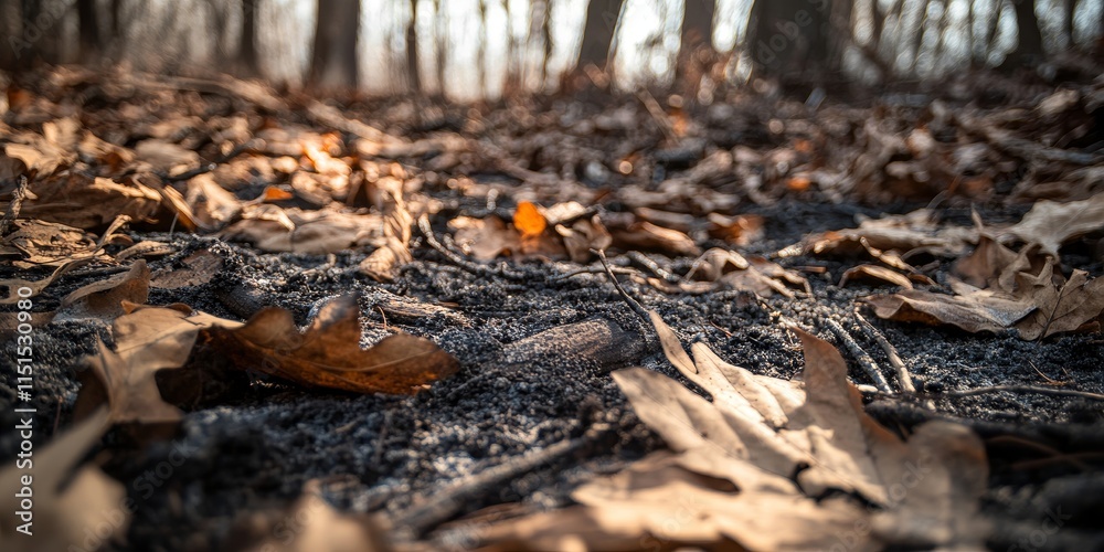 Closeup of leaves, sticks, and ash on the ground after a controlled burn, showcasing the aftermath of forest preservation efforts from a low angle perspective. The controlled burn transforms the Closeup of leaves, sticks, and ash on the ground after a controlled burn, showcasing the aftermath of forest preservation efforts from a low angle perspective. The controlled burn transforms the
