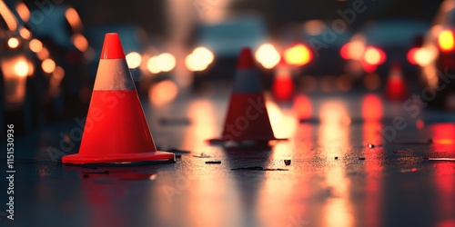 Red warning cones shaped like circles and triangles are visible against a blurred backdrop of car accidents. This serves as a reminder for the importance of driving safety. photo