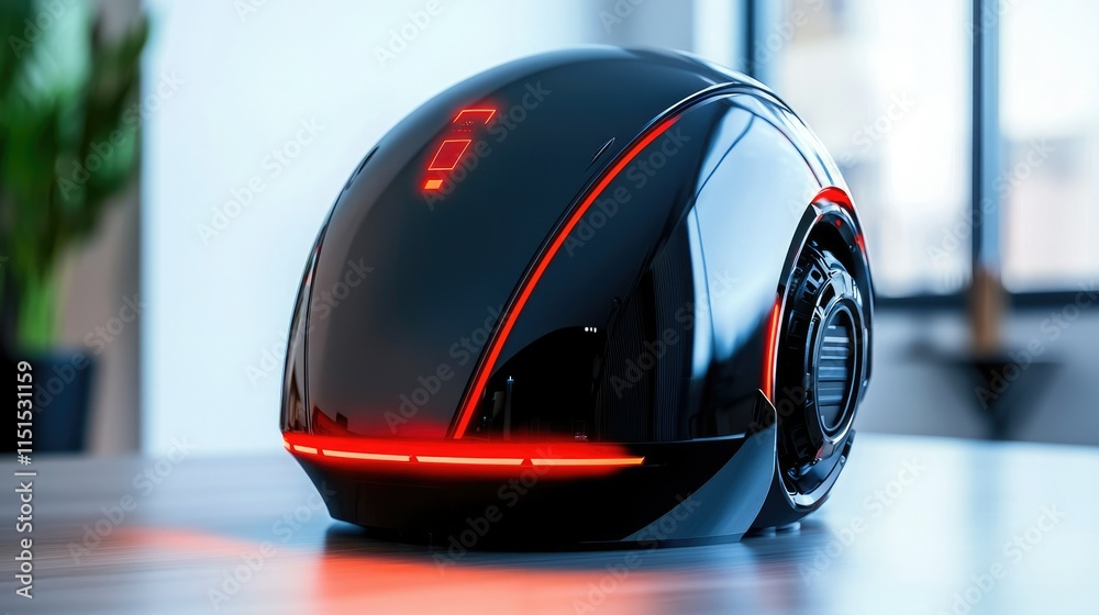 Fototapeta premium A sleek, futuristic black device with red accents sits on a desk, featuring a rounded shape and a modern design, hinting at high-tech functionality.