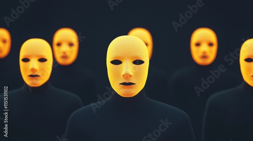 Group of yellow masks with black backgrounds, symbolizing mystery, anonymity, and abstract identity