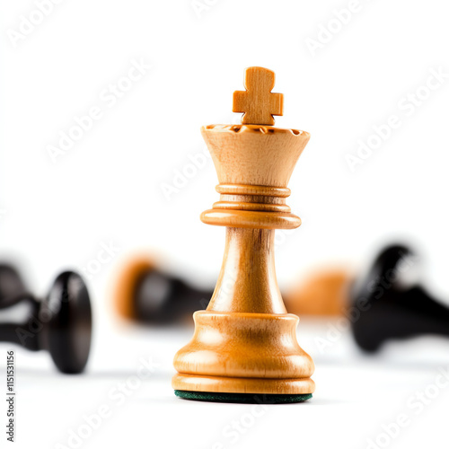 A wooden chess king on a white background, surrounded by black chess pieces, symbolizing strategy and competition. photo