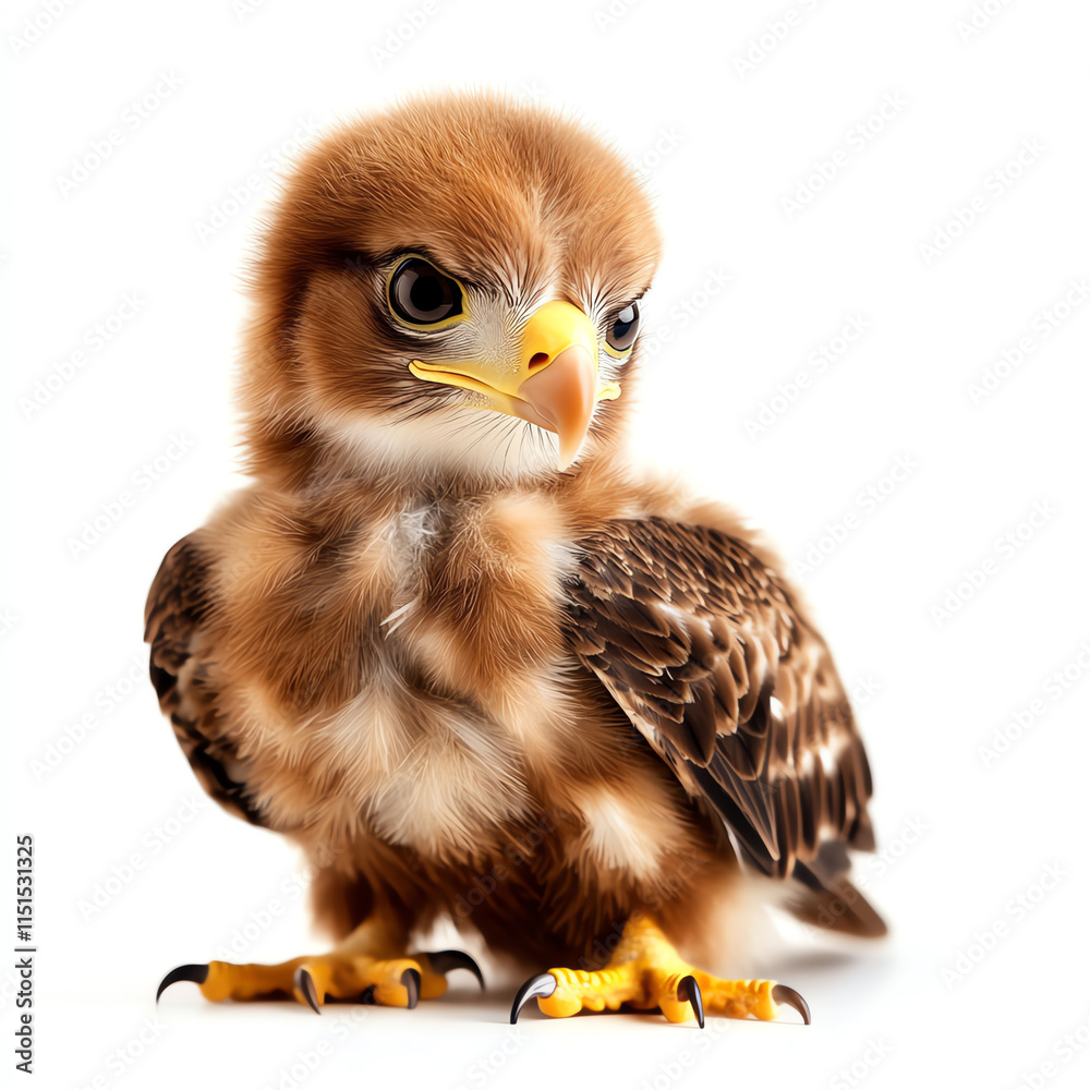Fototapeta premium A young bird of prey with soft feathers, captured on a white isolated background, showcasing its curious expression.
