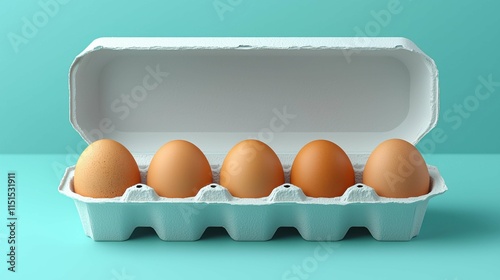 A carton containing five fresh brown eggs displayed on a turquoise background, showcasing eco-friendly packaging. Perfect for healthy cooking.