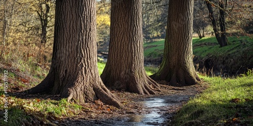 Three tree trunks in a picturesque woodland ravine create a captivating scene. The tree trunks enhance the natural beauty, attracting walkers eager to explore nature s tranquility. photo