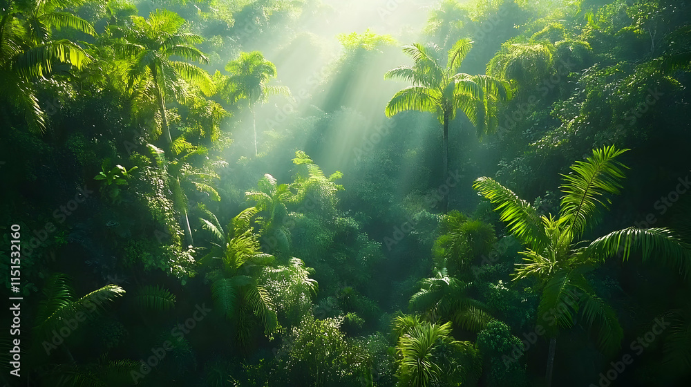 Sunbeams Through Lush Tropical Rainforest Sunbeams Through Lush Tropical Rainforest