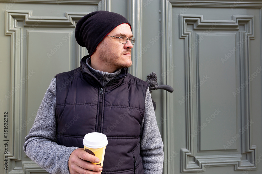 A man with a cup of coffee walking through an autumn city.