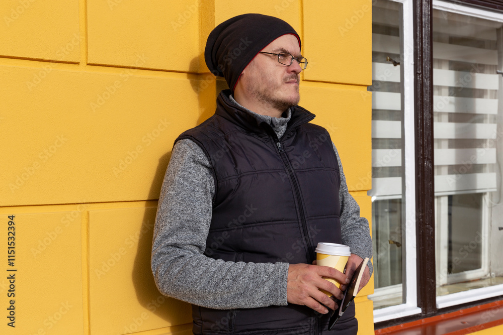 A man with a cup of coffee walking through an autumn city.
