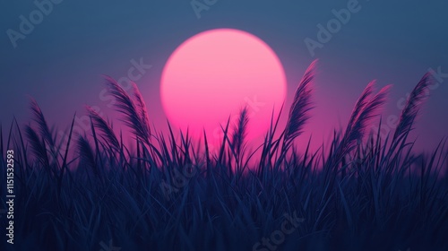 Surreal pink full moon rising over silhouetted grasses, creating a dreamlike and vibrant scene