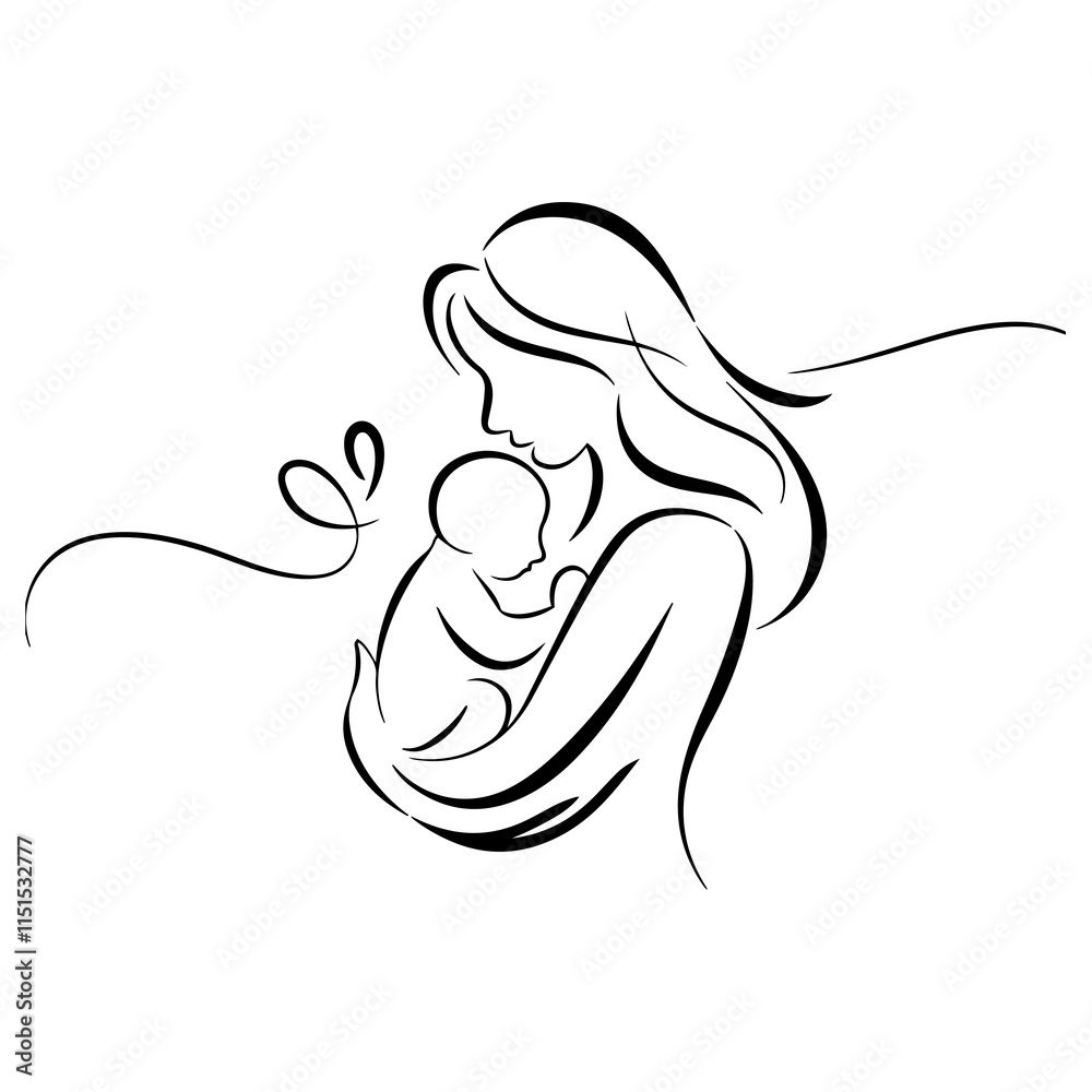 Mom hugs her child line art vector. Mom hugs her child line art vector.