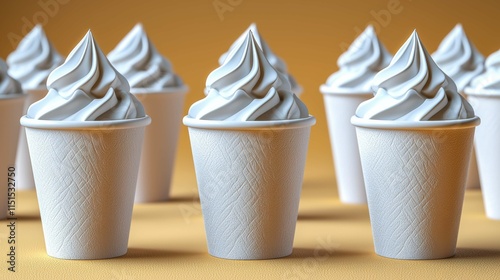 A close-up of multiple white soft serve ice cream cups arranged neatly. The cups feature white creamy swirls, against a soft yellow background. photo
