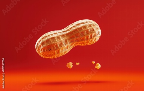 A roasted peanut with its shell intact, hovering mid-air, on a vibrant red background photo