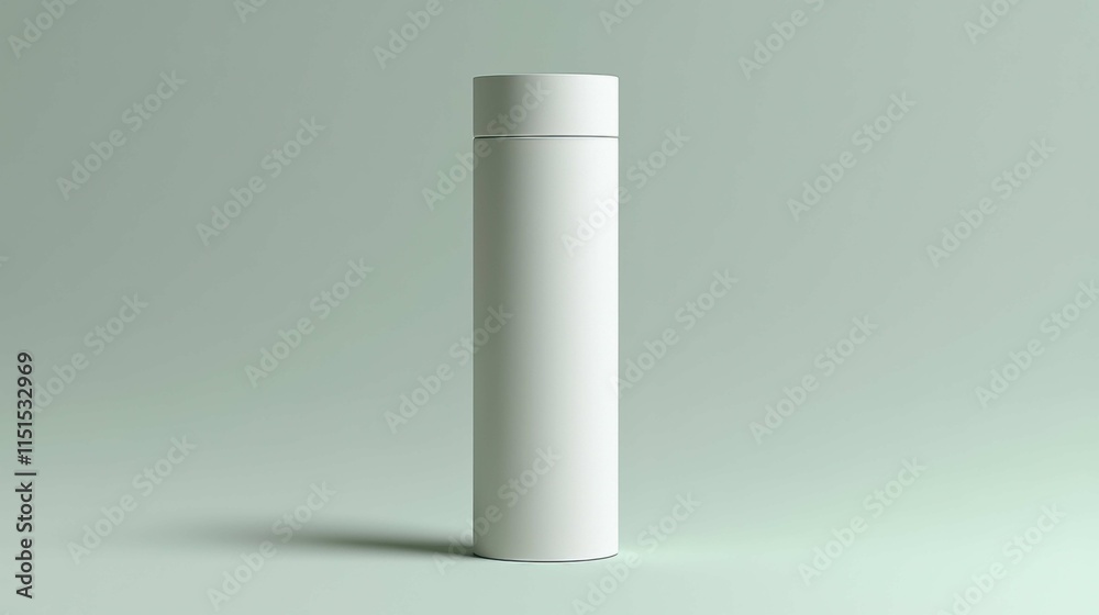 A sleek, minimalist white bottle stands upright against a soft green backdrop, showcasing a clean and modern design, perfect for branding.