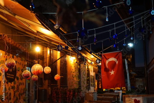 cozy lights and turkish flag in the night