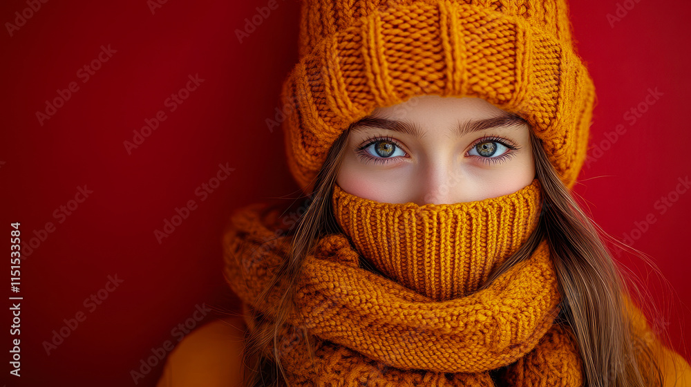 Fashionable Girl in Yellow Balaclava against Bold Red Background for Winter Style Inspiration Fashionable Girl in Yellow Balaclava against Bold Red Background for Winter Style Inspiration