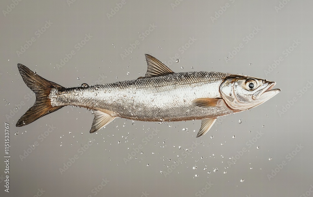 Naklejka premium A silver herring fish hovering mid-air with water droplets, set on a neutral gray background