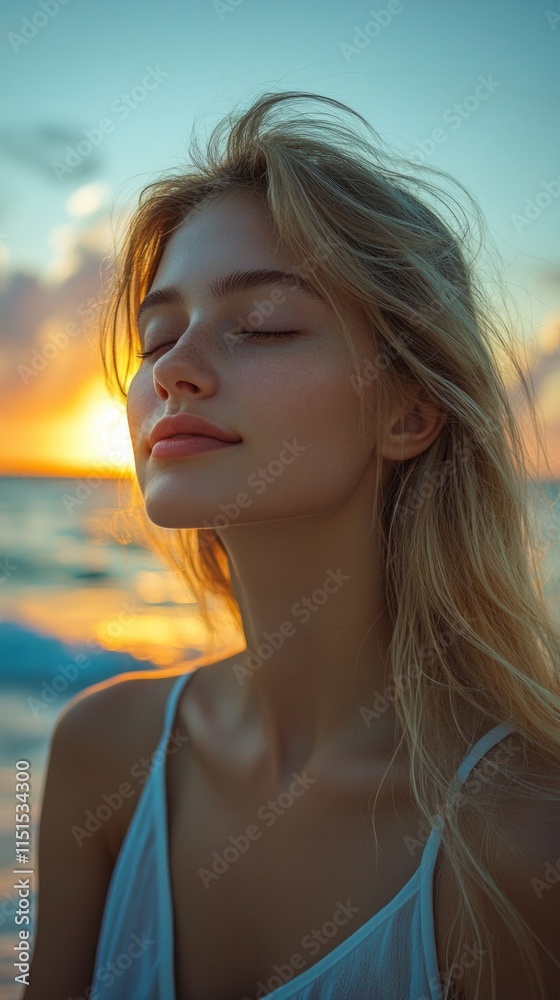 A young woman relaxes on the shore, embracing the soothing ocean breeze as the sun sets, painting the sky in warm hues of orange and yellow A young woman relaxes on the shore, embracing the soothing ocean breeze as the sun sets, painting the sky in warm hues of orange and yellow