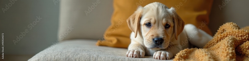 Labrador retriever puppy sitting on cushion with paws tucked in, dog, breed Labrador retriever puppy sitting on cushion with paws tucked in, dog, breed