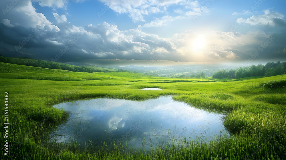 Serene Landscape: Picturesque Green Field, Tranquil Pond, and Blue Sky Serene Landscape: Picturesque Green Field, Tranquil Pond, and Blue Sky