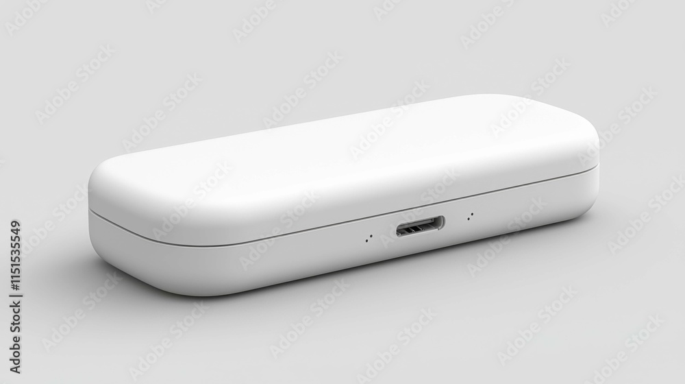 A minimalist white portable charging case viewed from the side, featuring a smooth finish and a USB-C port for charging. Perfect for modern devices. A minimalist white portable charging case viewed from the side, featuring a smooth finish and a USB-C port for charging. Perfect for modern devices.