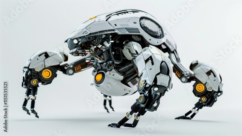 A small, futuristic robot with an intelligent design, isolated on a white background.