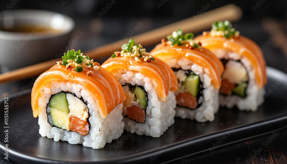 Salmon sushi rolls with avocado and rice on black plate Salmon sushi rolls with avocado and rice on black plate