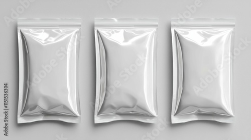 Three identical silver packaging bags arranged neatly on a light grey surface, suitable for various products.