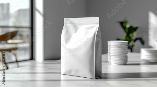 A minimalist styled white packaging bag sits on a table in a bright room with blurred background features. Ideal for product mockups.